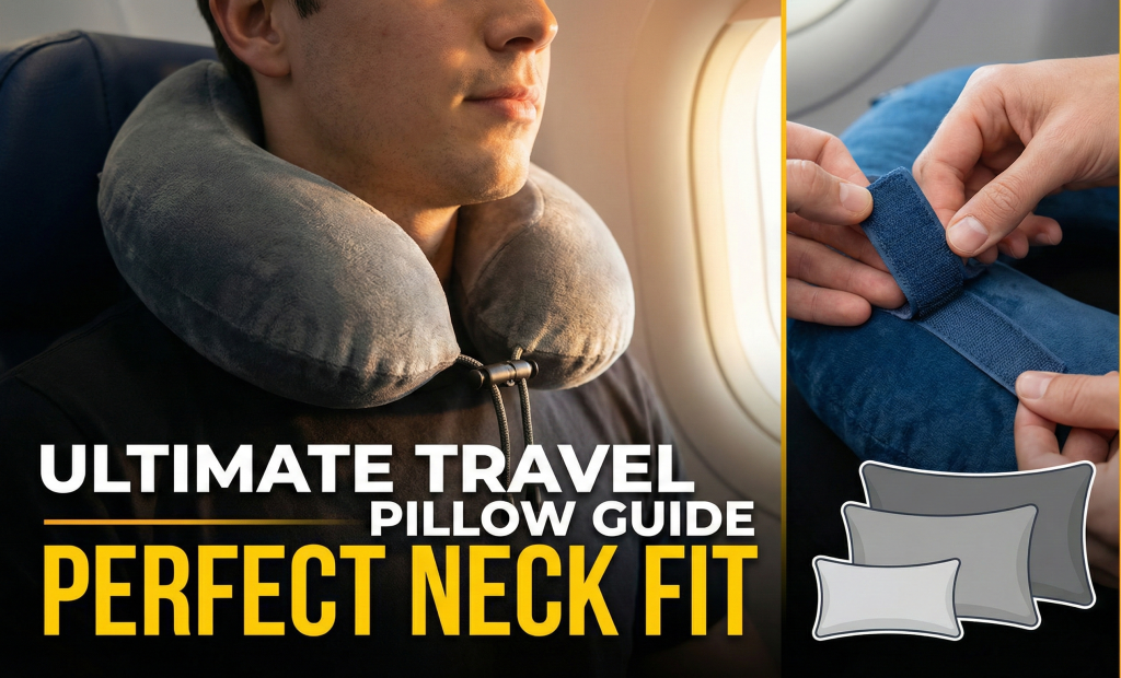 Adjustable travel pillow mechanisms including toggle clasps, Velcro straps, and size variations for proper neck circumference fit