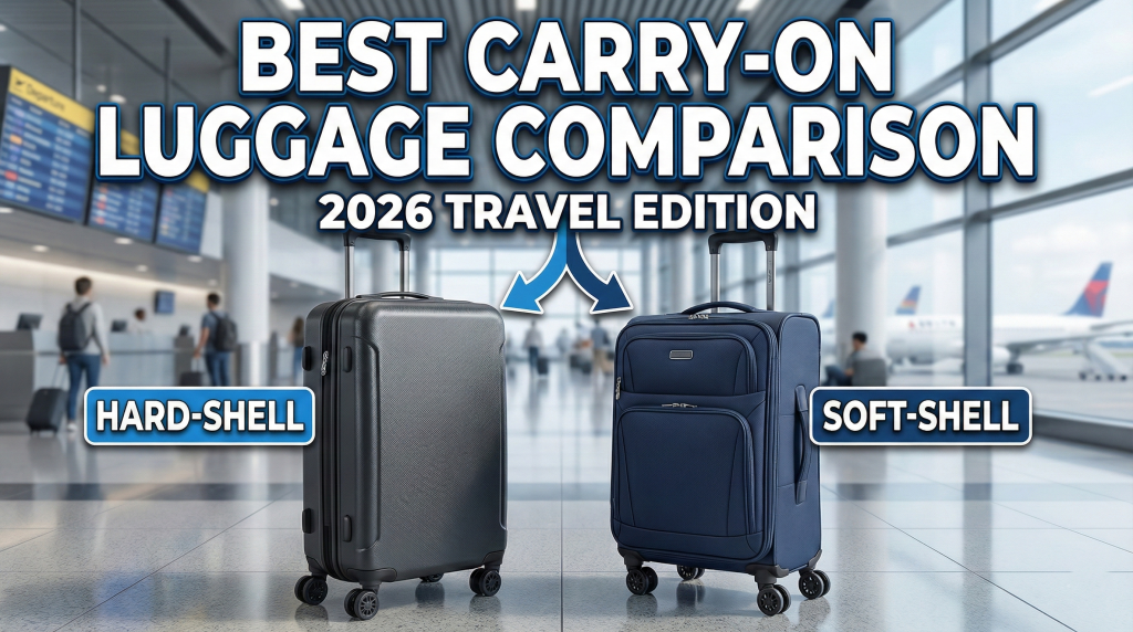 Best carry on luggage comparison showing hard-shell and soft-shell suitcases with spinner wheels for 2026 travel