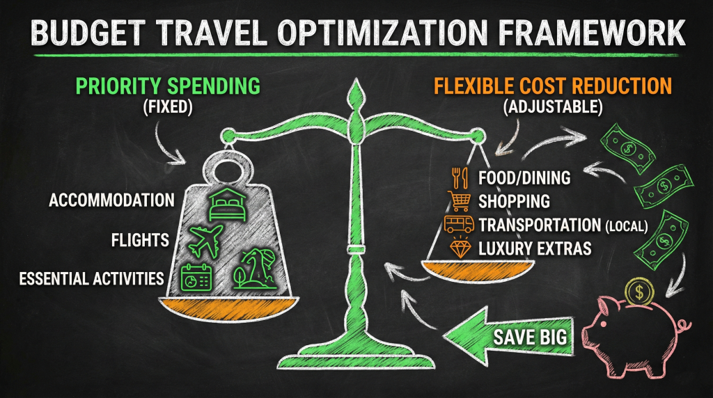 Budget travel optimization framework showing priority spending categories versus flexible cost reduction areas