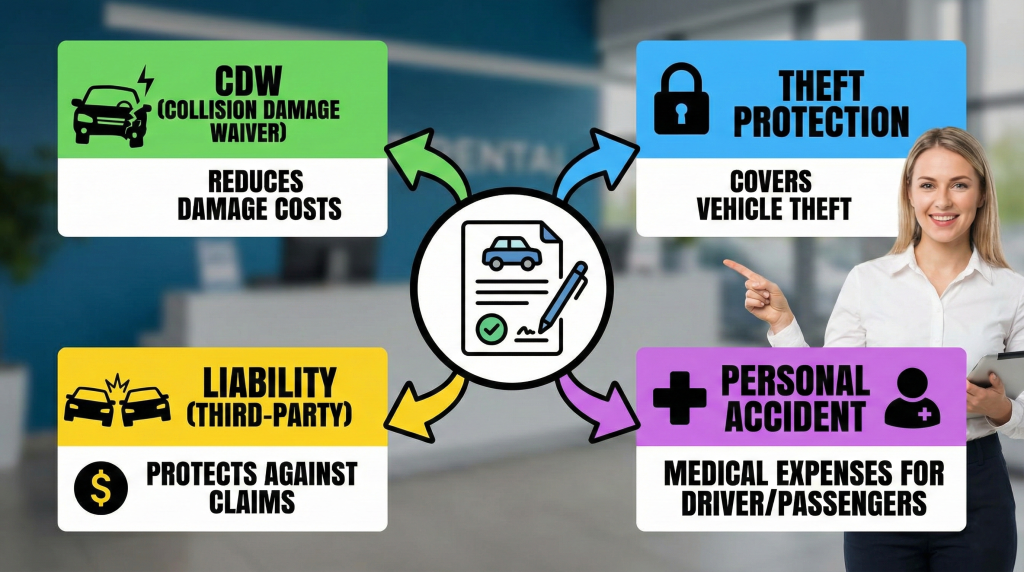 Car rental insurance coverage types diagram showing CDW, theft protection, liability and personal accident options