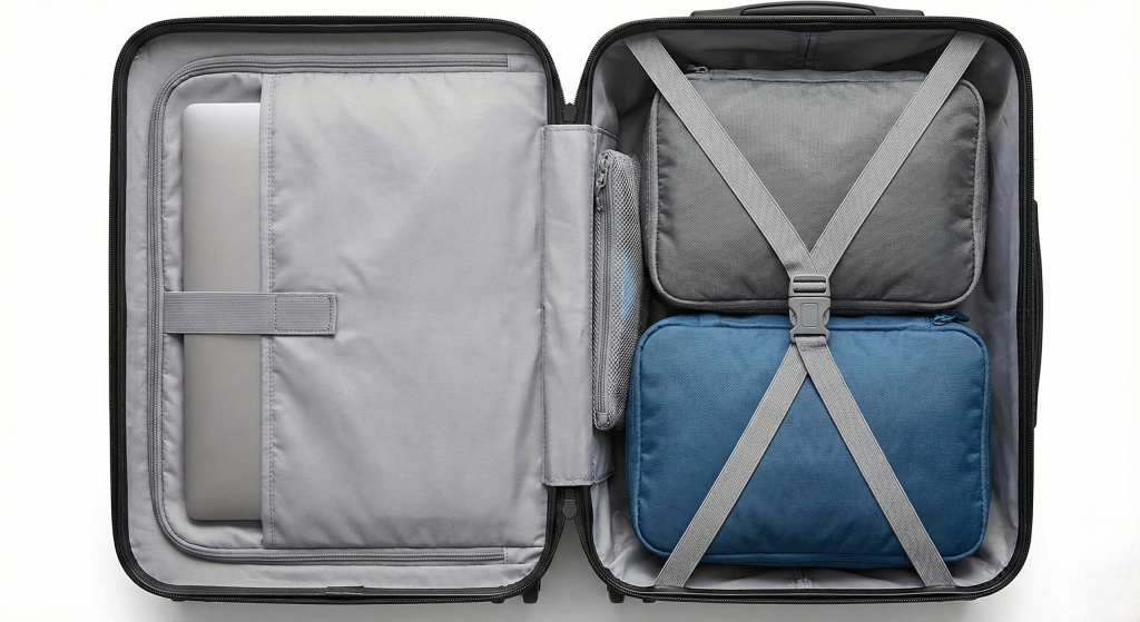 Carry-on luggage interior organization showing compression straps, packing cubes, and laptop compartment