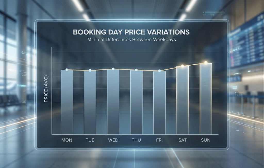 Chart comparing booking day price variations showing minimal differences between weekdays when to book flights cheapest