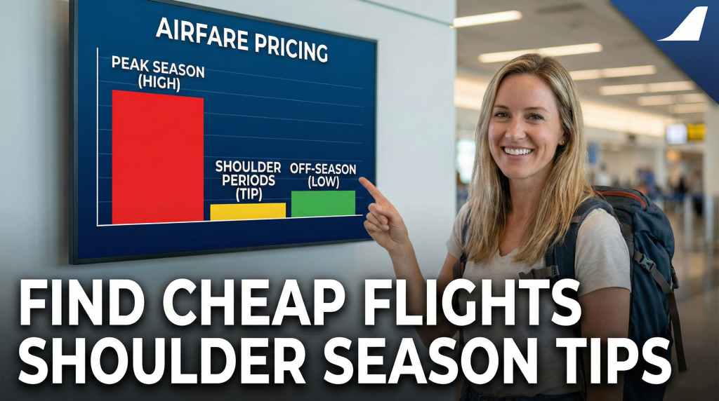 Chart comparing peak season versus off-season airfare pricing patterns to find cheap flights tips during shoulder travel periods