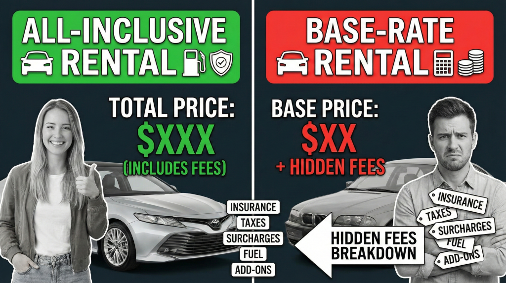 Comparison chart showing all-inclusive vs base-rate car rental pricing structures with hidden fees breakdown