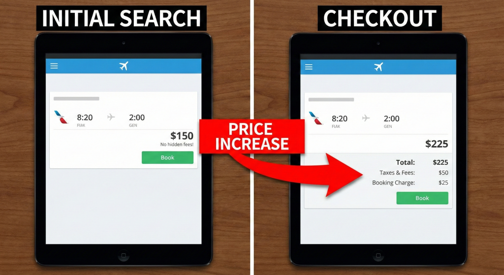 Comparison of online travel agency booking interface showing hidden fees and price increases between search screens