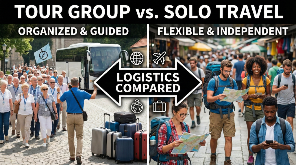 Comparison of tour group travel versus independent solo travel arrangements and logistics