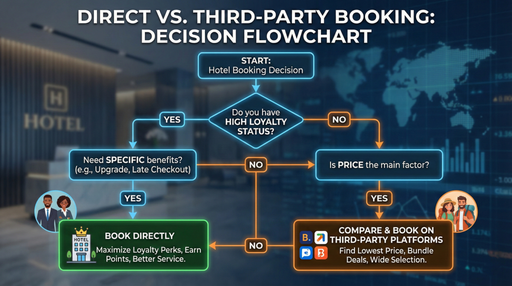 Decision flowchart showing when to book directly with hotels versus using third-party platforms based on loyalty status and trip requirements