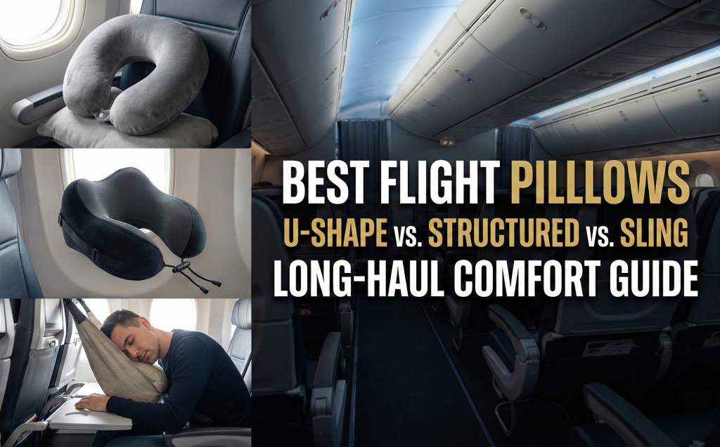 Different travel pillow designs showing memory foam U-shaped, structured neck support, and body sling configurations for long-haul flight comfort
