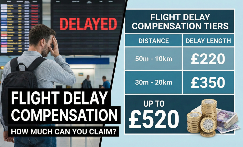 Flight delay compensation amounts by distance and delay length showing payment tiers up to £520