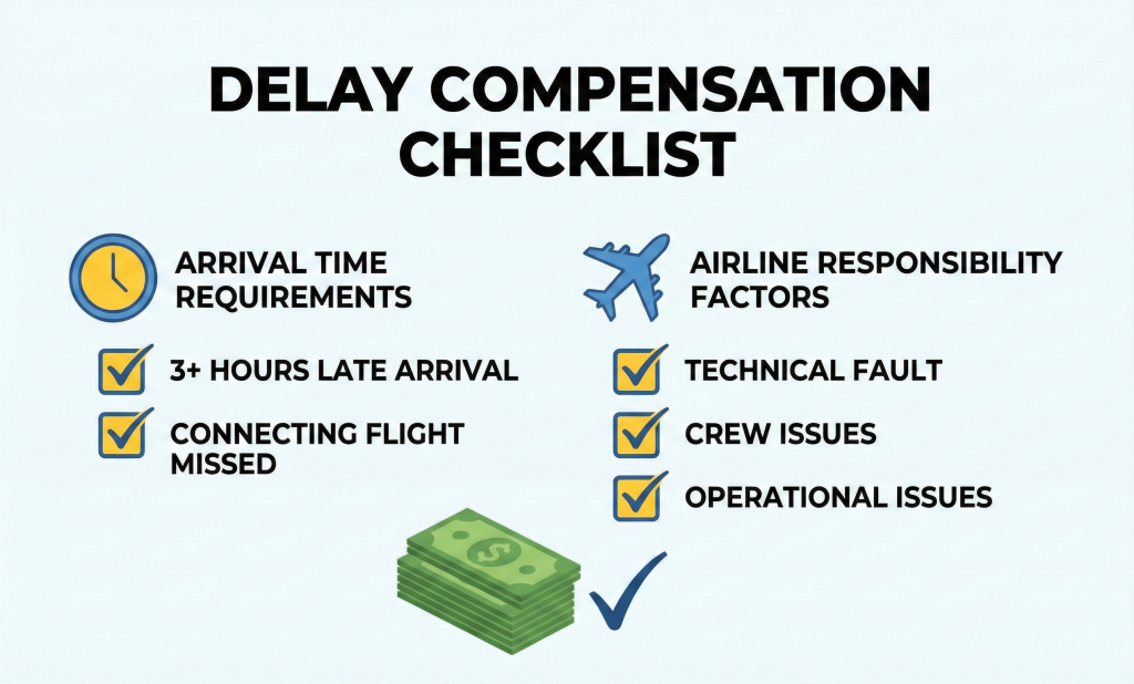 Flight delay compensation claim eligibility checklist showing arrival time requirements and airline responsibility factors