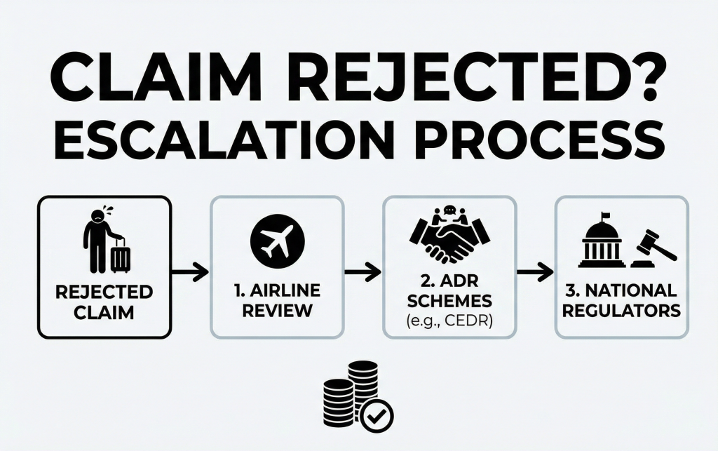 Flight delay compensation claim rejection process flowchart with escalation options to regulators and ADR schemes