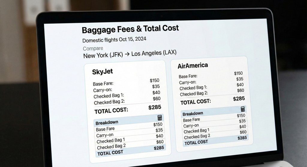 Flight search platform displaying baggage fee breakdown and total cost calculation for domestic route comparison