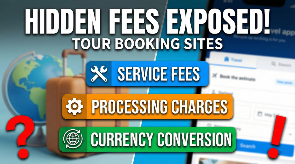 Hidden fees breakdown in tour booking sites showing service fees, processing charges, and currency conversion costs