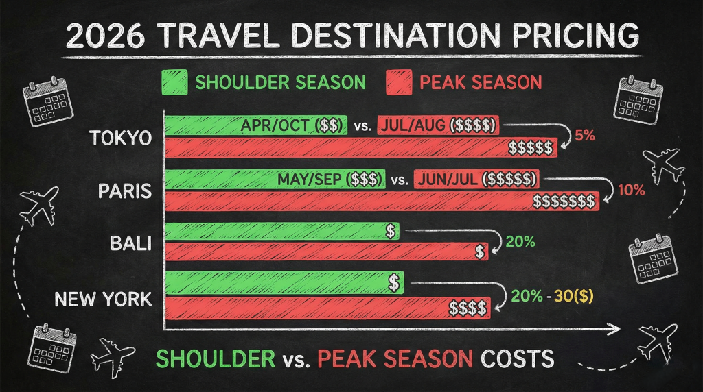 Monthly destination pricing chart comparing shoulder season versus peak season costs for popular 2026 travel destinations