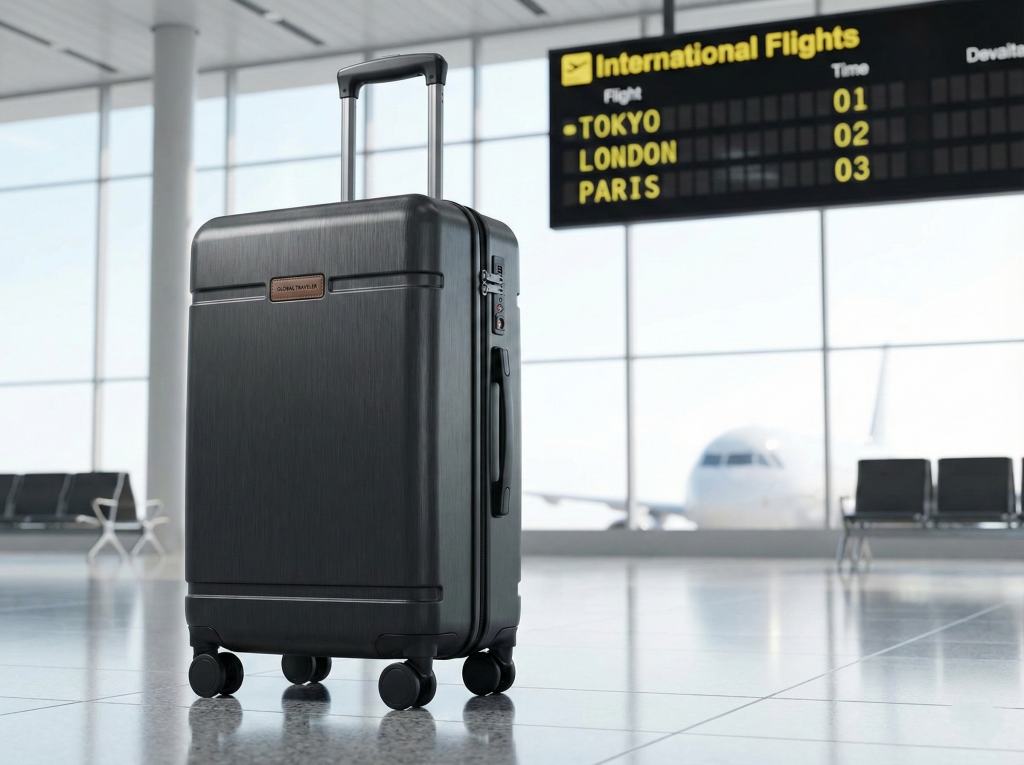 Premium polycarbonate carry-on luggage with four spinner wheels and TSA-approved lock for international travel