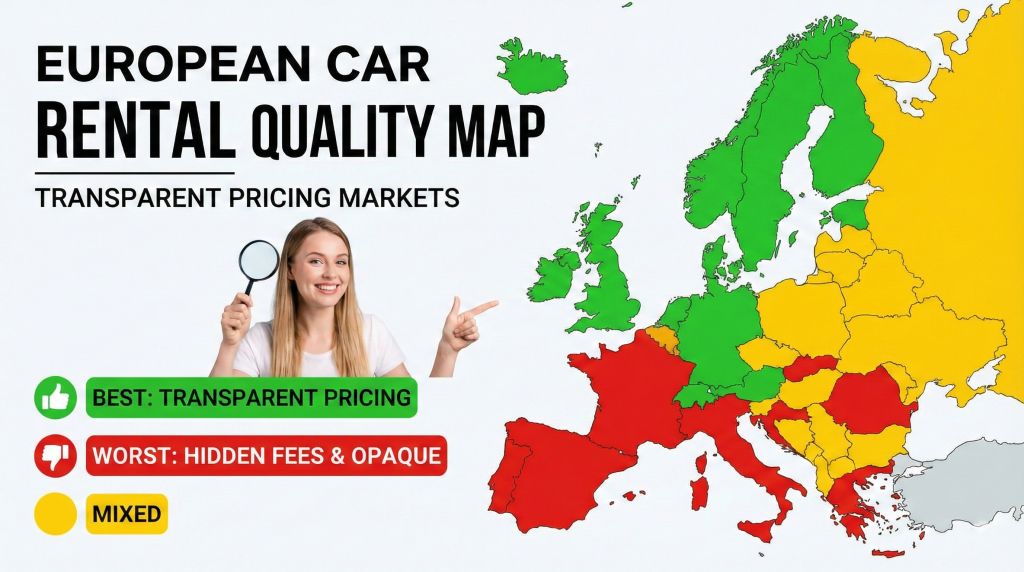 Regional car rental quality map highlighting best and worst European markets for transparent pricing