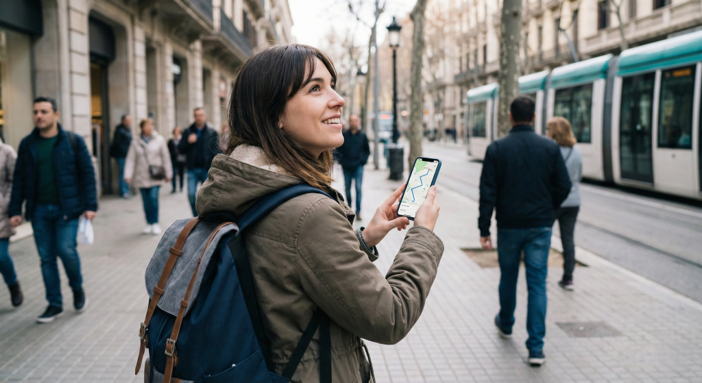 Solo female traveler navigating city streets safely using smartphone map application