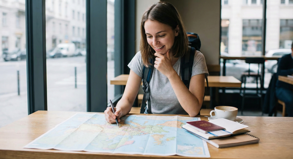 Solo traveler reviewing destination map and travel documents for first trip planning
