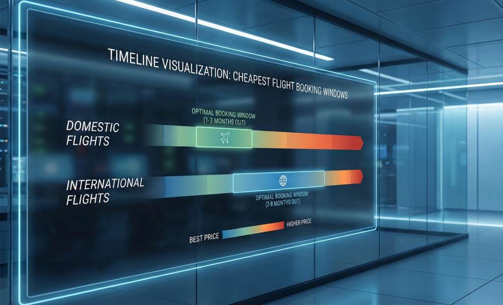 Timeline visualization of optimal booking windows for domestic versus international flights showing when to book flights cheapest