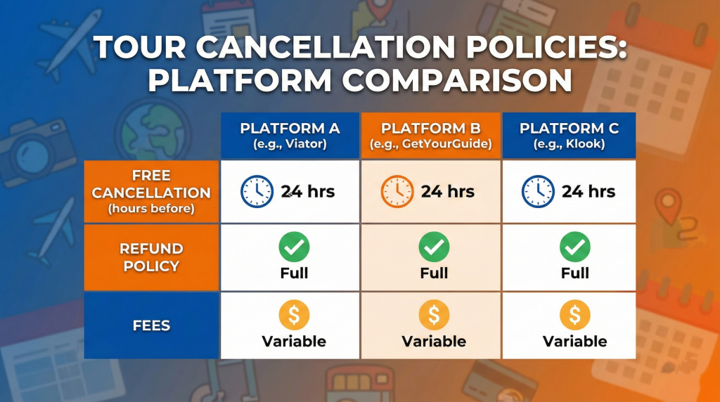 Tour booking cancellation policy comparison chart across major platforms