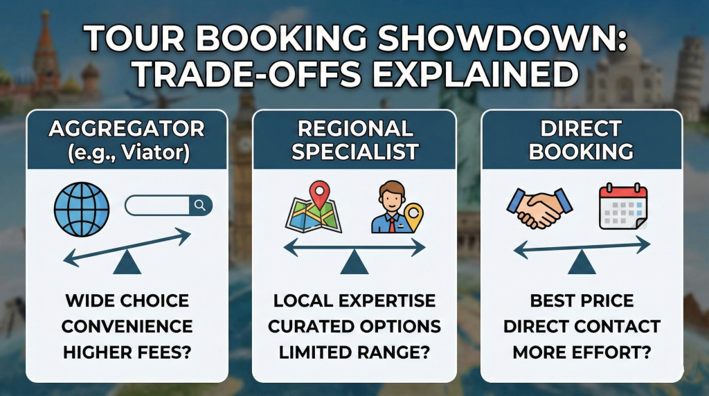 Tour booking platform comparison framework showing aggregator vs regional specialist vs direct booking trade-offs