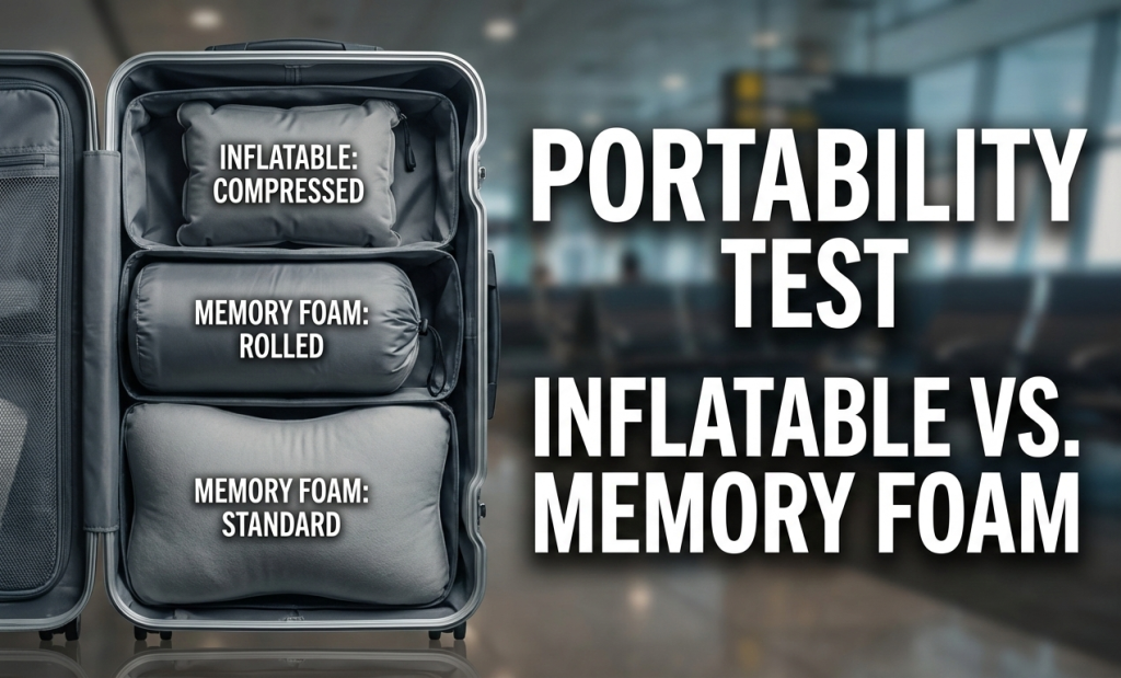 Travel pillow portability comparison demonstrating compressed sizes from inflatable design to memory foam in carry-on luggage