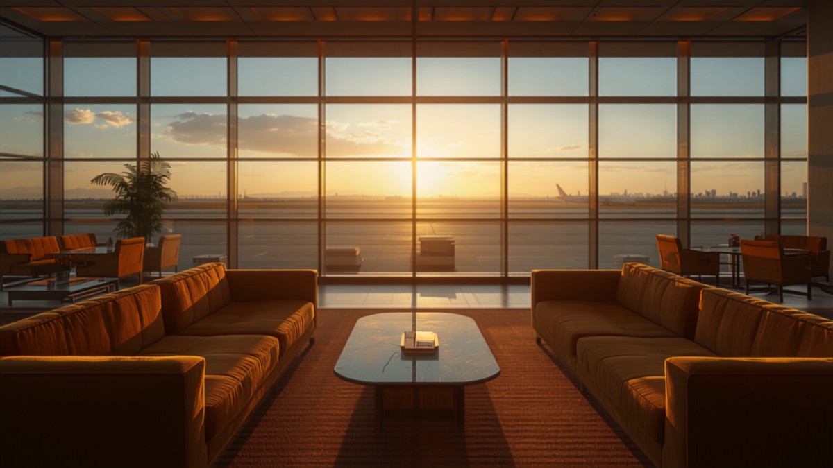 best travel credit card comparison, airport lounge interior at golden hour
