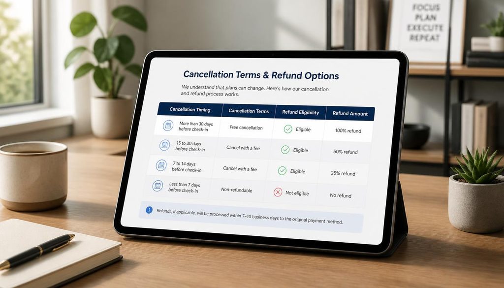 A clean, modern workspace featuring a tablet displaying a comparison table of hotel booking rates and cancellation windows.