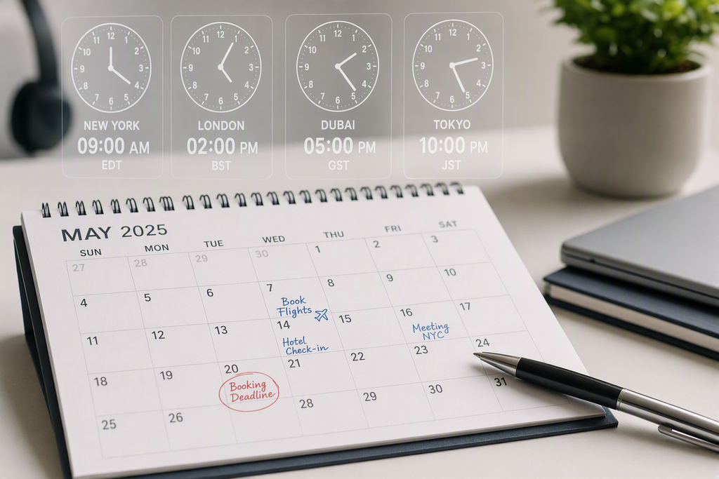 A close-up of a calendar showing reservation dates with a digital clock overlay demonstrating different time zones.