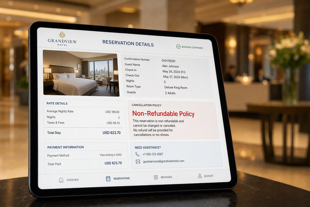 How to Request a Refund on a Non-Refundable Hotel Booking 3 A close up of a hotel reservation confirmation screen displaying a strict non refundable cancellation policy text