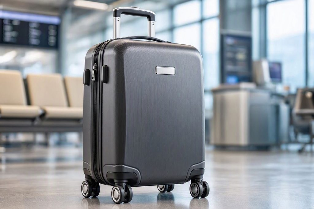 A close up of a modern hardside carry on bag with spinner wheels standing next to an airport boarding gate sign