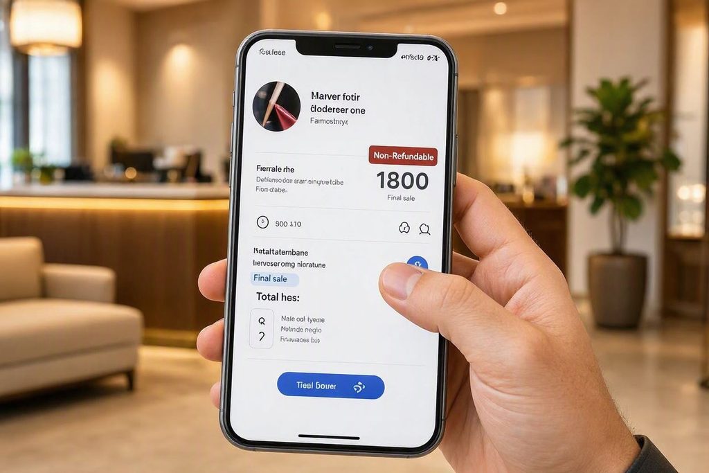 A close up of a smartphone screen showing a hotel booking checkout page with a discount alert