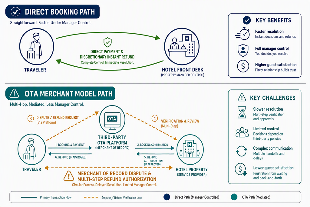 Hotel Cancellation and Refund Policies: The Complete Guide 3 A flowchart illustrating the structural payment and refund routing differences between Direct Hotel Bookings and Online Travel Agency OTA Merchant Models