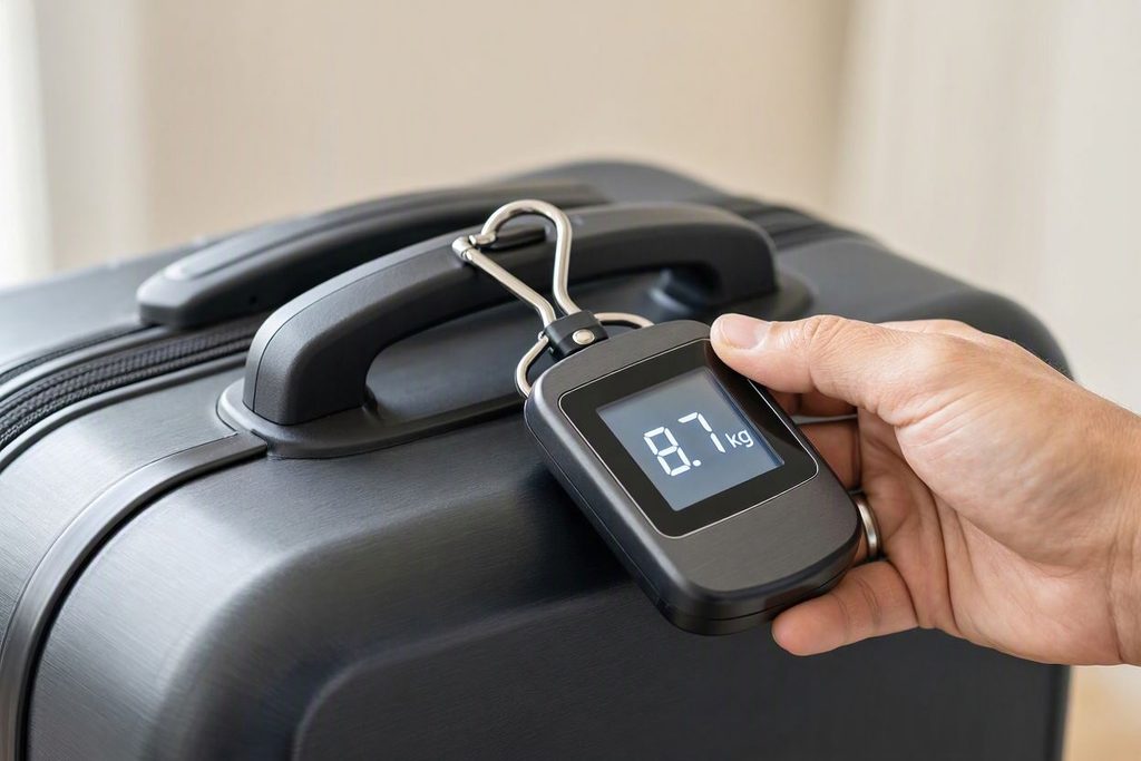 A hand held digital luggage scale weighing a suitcase