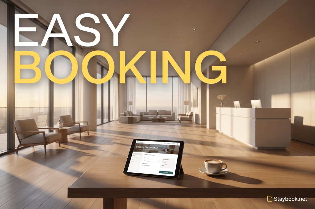 A quiet boutique hotel lobby with a tablet showing a booking confirmation page