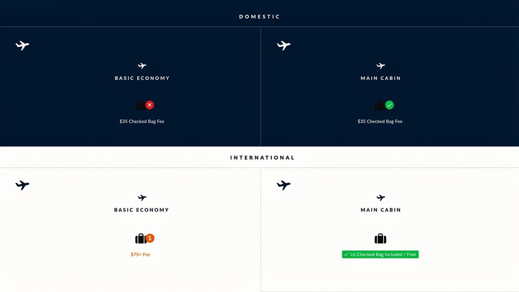 Delta Baggage Fees for Basic Economy: What You Actually Pay 4 A side by side comparison chart illustrating checked baggage fees between Delta Basic Economy and Main Cabin on domestic versus international routes