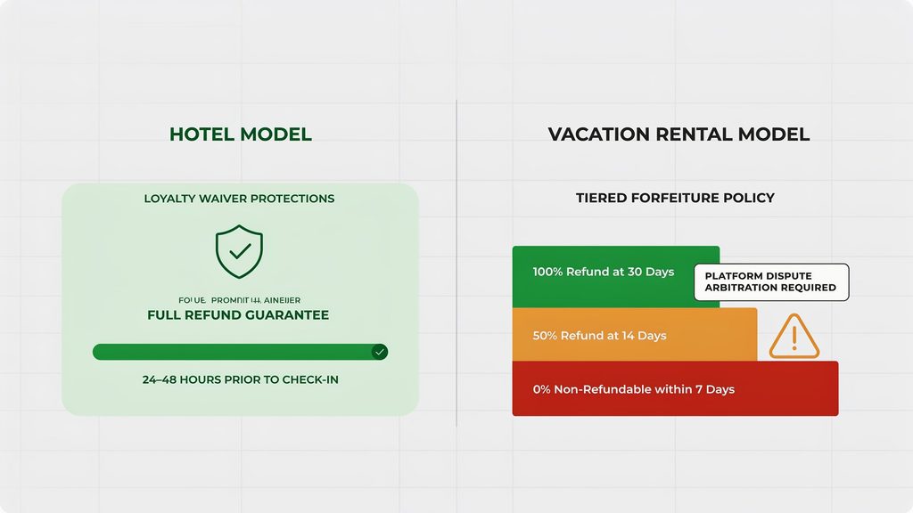 A side by side comparison diagram contrasting hotel flexible cancellation timelines with strict vacation rental refund tiers