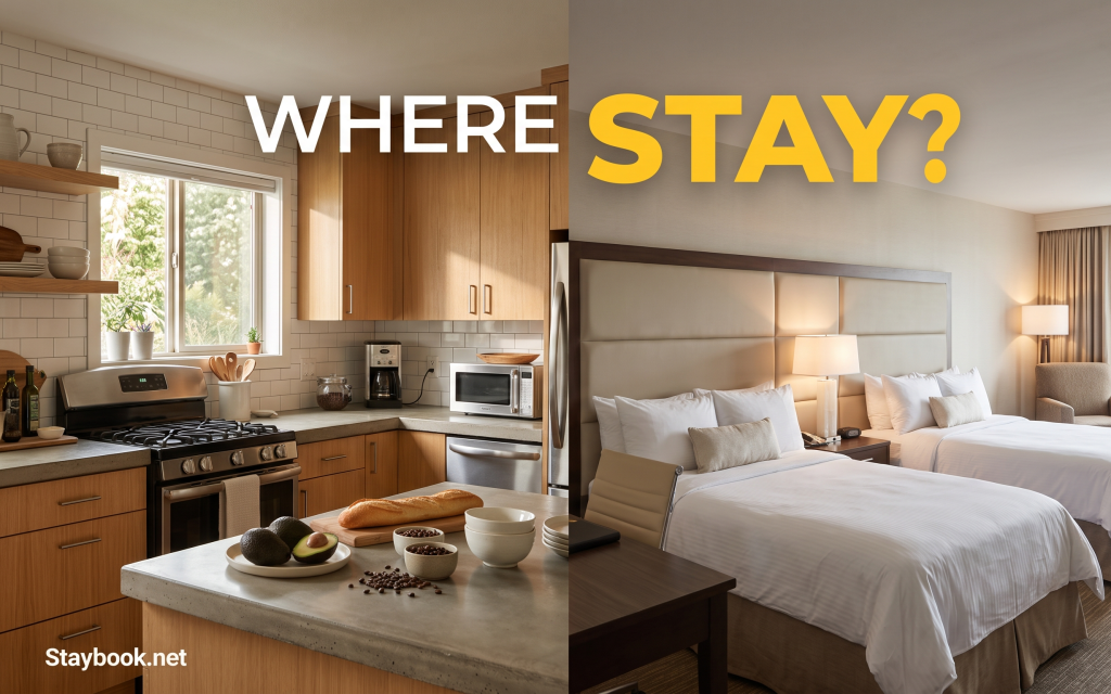 A split image contrasting a cozy vacation rental kitchen with a polished hotel room interior