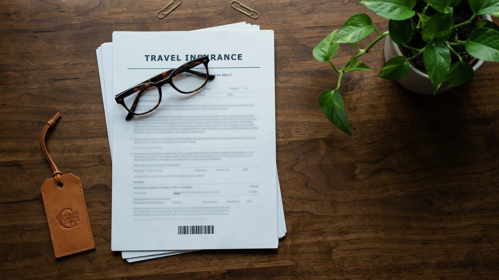A travel insurance document resting next to a pair of glasses on a rustic wooden table