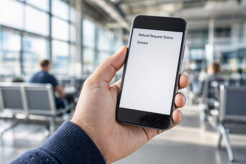 How to Request a Refund on a Non-Refundable Hotel Booking 4 A traveler holding a smartphone showing a rejected refund email notification from a hotel booking platform