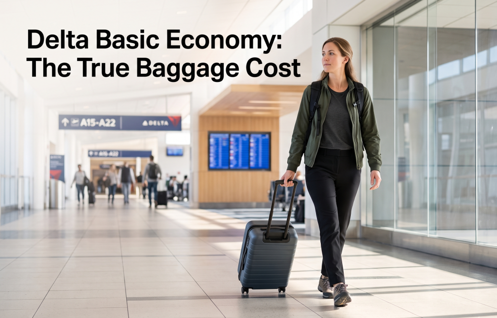 Delta Baggage Fees for Basic Economy: What You Actually Pay 2 A traveler rolling a carry on suitcase and carrying a personal backpack through a modern airport terminal toward the departure gates