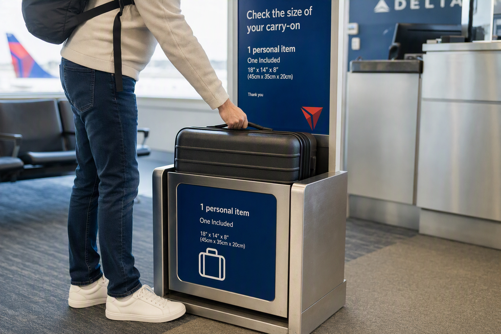 A traveler testing a rolling suitcase inside a metal airline baggage size limit gauge at an airport gate
