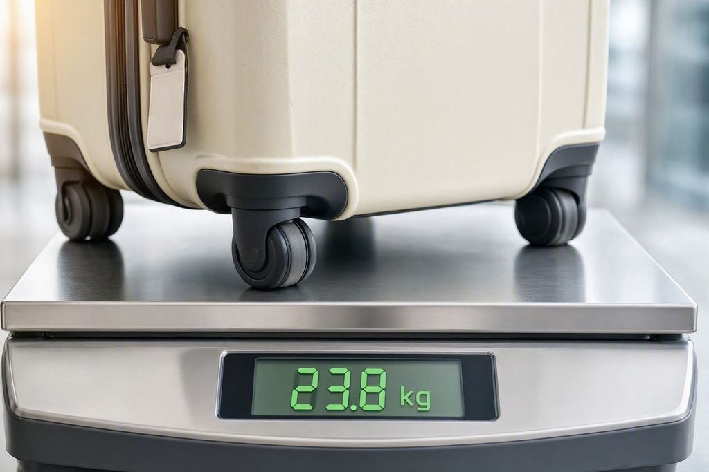 A traveler weighing a suitcase on a luggage scale at an airport check in desk