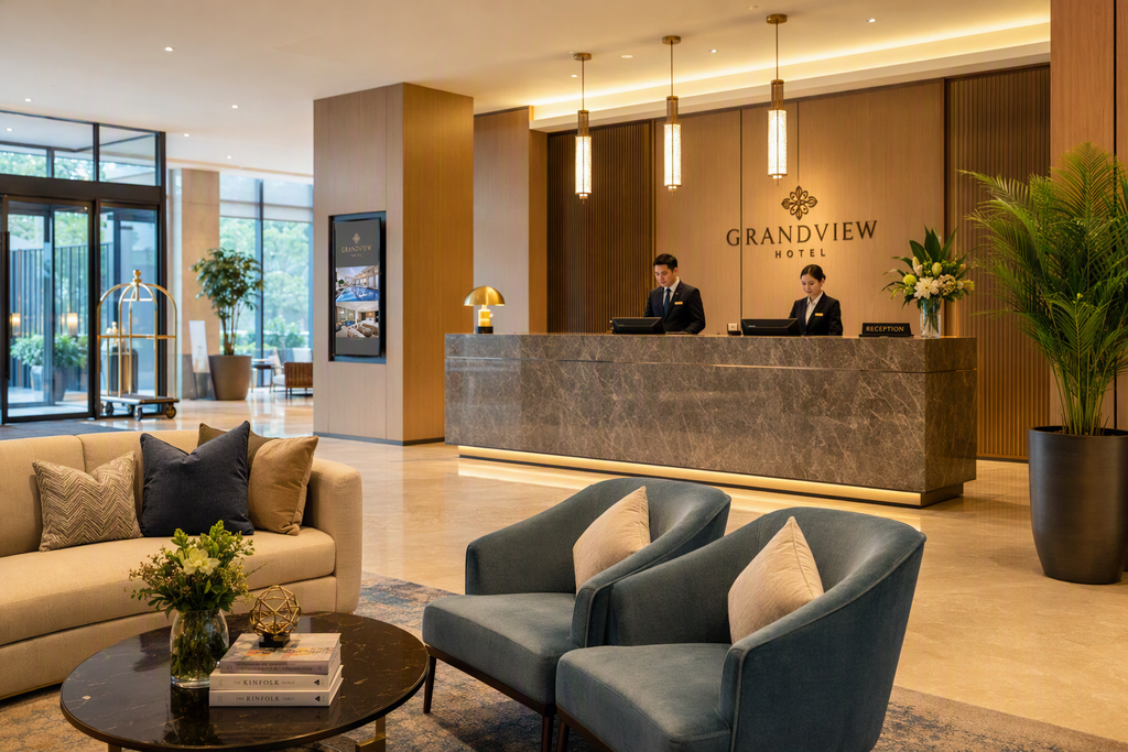 A welcoming hotel lobby with a family of four checking in at the reception desk