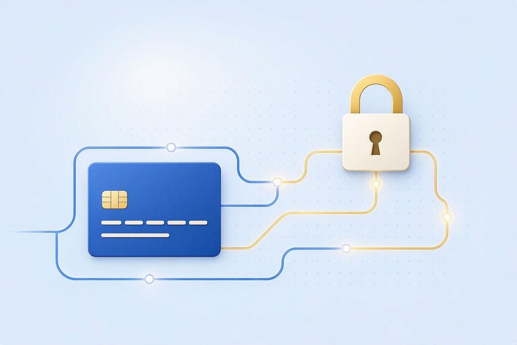 An abstract representation of digital banking transactions, pending holds, and credit card payments on a subtle tech background.