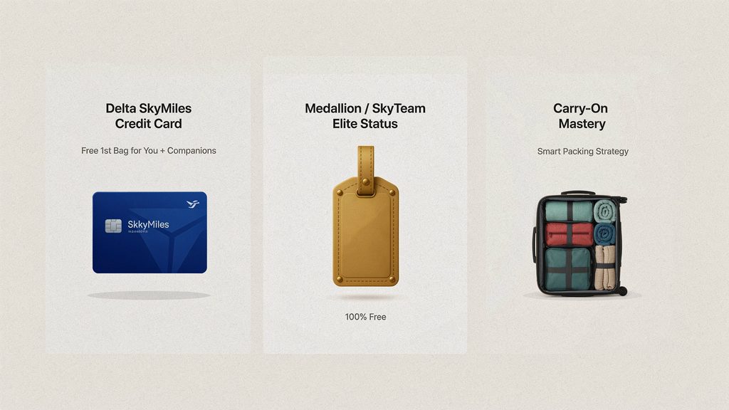 Delta Baggage Fees for Basic Economy: What You Actually Pay 5 An illustration of three methods to avoid Delta checked bag fees co branded credit cards elite medallion status and carry on packing