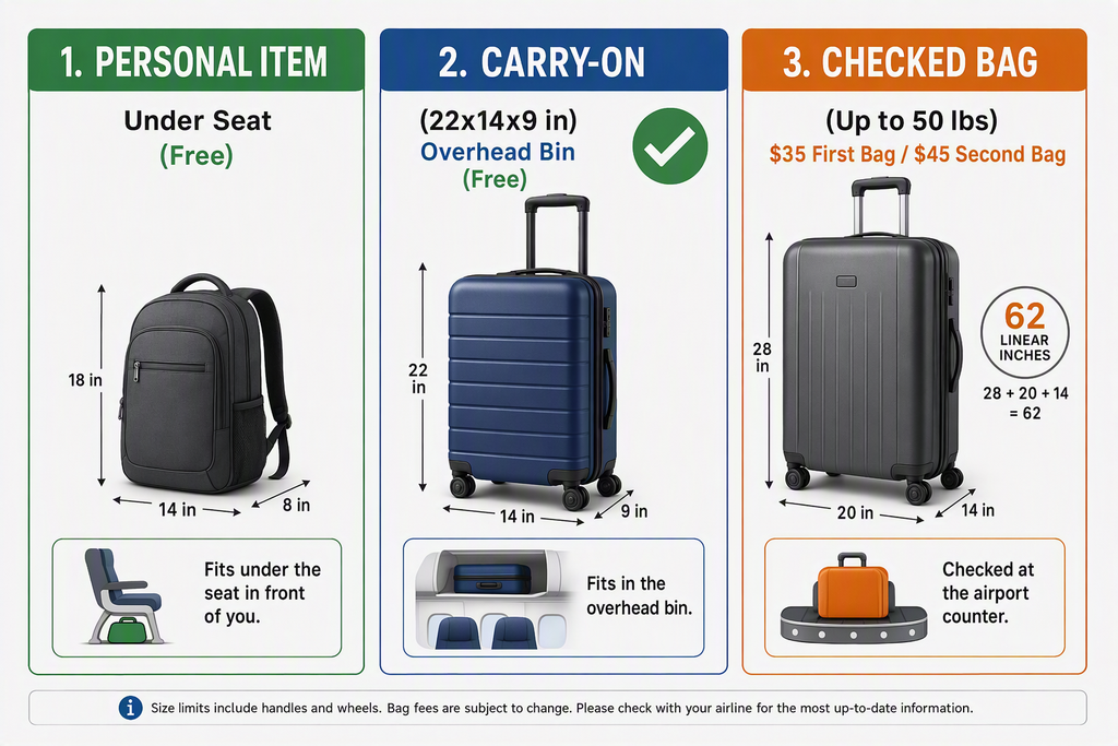 Delta Baggage Fees for Basic Economy: What You Actually Pay 3 An infographic comparing Delta Air Lines carry on allowances and domestic checked baggage size and weight limits