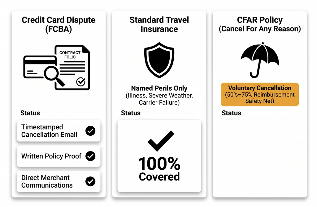 Hotel Cancellation and Refund Policies: The Complete Guide 4 An infographic detailing the documentation required for credit card chargeback disputes versus standard travel insurance and Cancel For Any Reason CFAR coverage 1