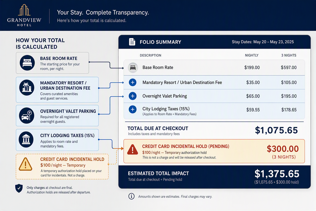 An infographic illustrating hidden hotel costs including resort fees urban destination surcharges valet parking and incidental holds