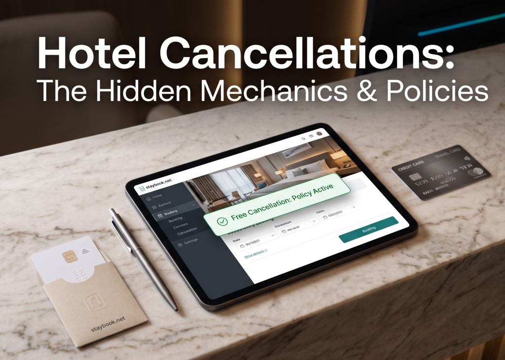 Hotel Cancellation and Refund Policies: The Complete Guide 2 An overhead view of a modern hotel front desk with a digital booking tablet displaying a cancellation confirmation next to a credit card and room keycard